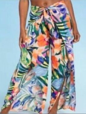 Kona Sol Beach Boho Genie Tropical Print Pant Tie-Waist Split Wide-Leg Size LG